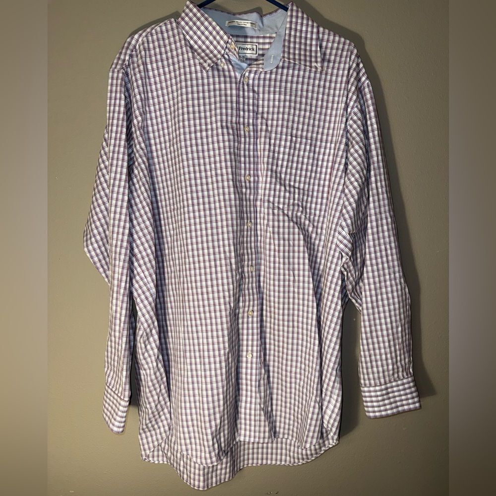 Paul Fredrick Non-Iron Two-Ply Pinpoint Checkered Shirt - White and Red 17.5-35